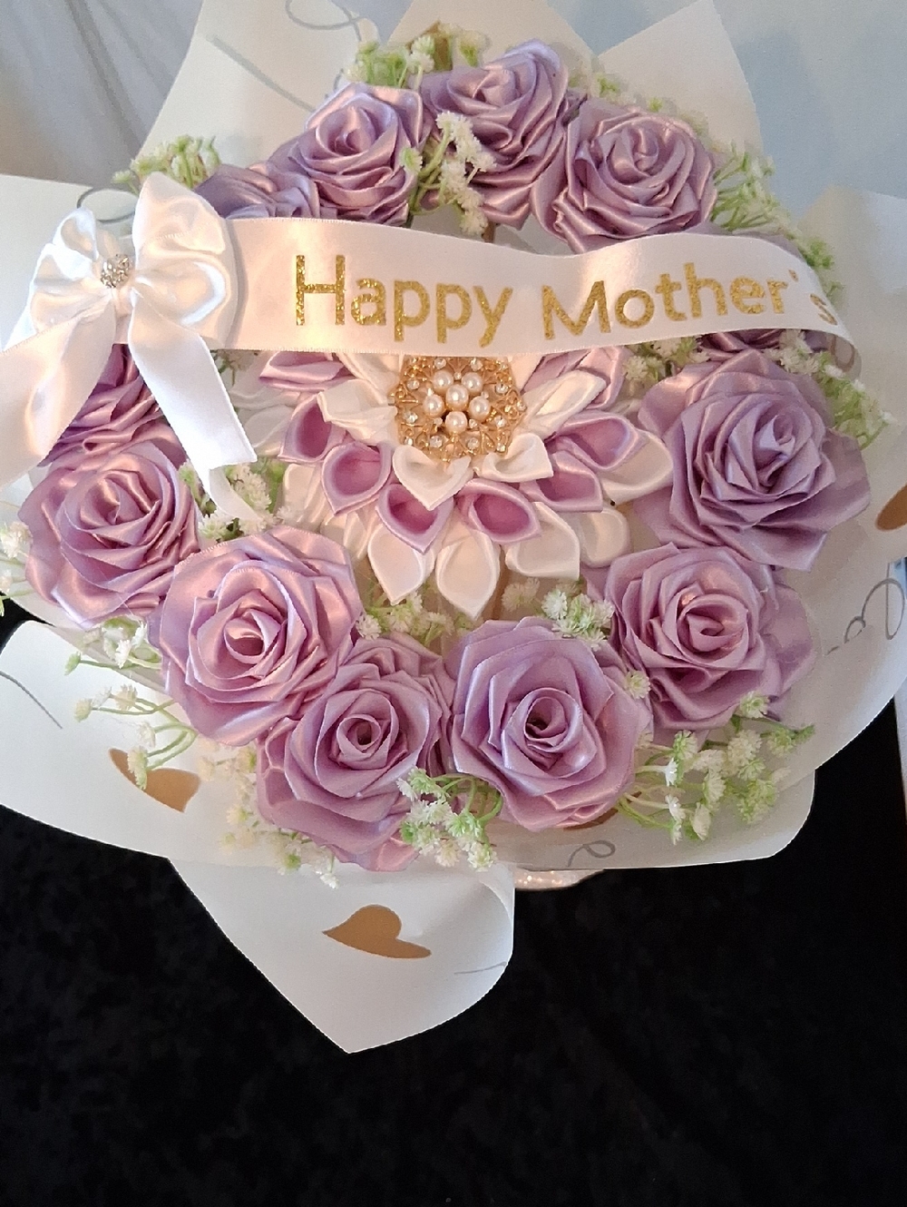 Lavender Satin Rose /Dahlia  Center Bouquet with Happy Mother's Day  Ribbon
